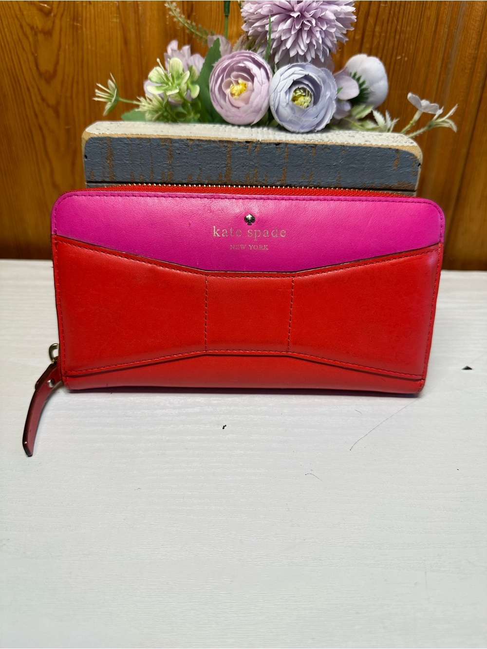 kate spade Two-Tone Pink and Red Leather Zip-Around Wallet